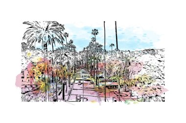 Print Building view with landmark of Los Angeles is the city in California. Watercolor splash with hand drawn sketch illustration in vector.