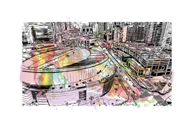 Print Building view with landmark of Los Angeles is the city in California. Watercolor splash with hand drawn sketch illustration in vector.