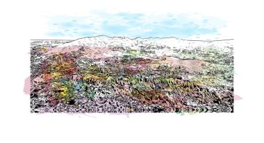 Print Building view with landmark of Los Angeles is the city in California. Watercolor splash with hand drawn sketch illustration in vector.