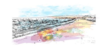 Print Building view with landmark of Los Angeles is the city in California. Watercolor splash with hand drawn sketch illustration in vector.