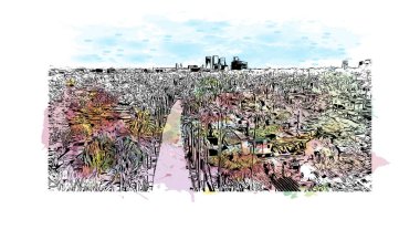 Print Building view with landmark of Los Angeles is the city in California. Watercolor splash with hand drawn sketch illustration in vector.