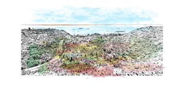 Print Building view with landmark of Los Angeles is the city in California. Watercolor splash with hand drawn sketch illustration in vector.