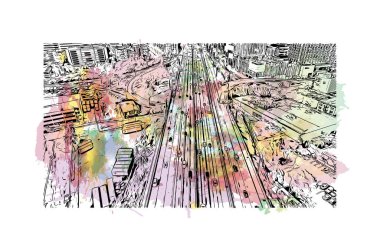 Print Building view with landmark of Los Angeles is the city in California. Watercolor splash with hand drawn sketch illustration in vector.