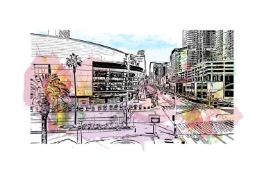 Print Building view with landmark of Los Angeles is the city in California. Watercolor splash with hand drawn sketch illustration in vector.