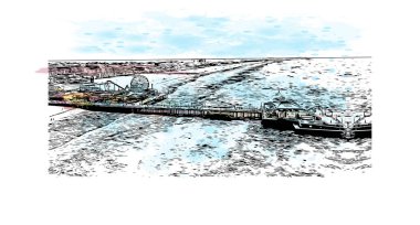 Print Building view with landmark of Los Angeles is the city in California. Watercolor splash with hand drawn sketch illustration in vector.