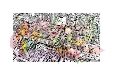 Print Building view with landmark of Los Angeles is the city in California. Watercolor splash with hand drawn sketch illustration in vector.