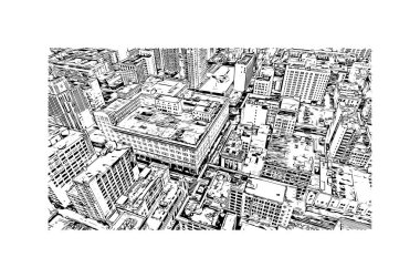 Print Building view with landmark of Los Angeles is the city in California. Hand drawn sketch illustration in vector.