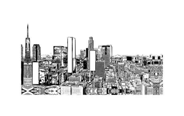Print Building View Landmark Los Angeles City California Hand Drawn — Stockvector