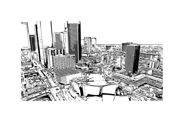 Print Building View Landmark Los Angeles City California Hand Drawn — Archivo Imágenes Vectoriales