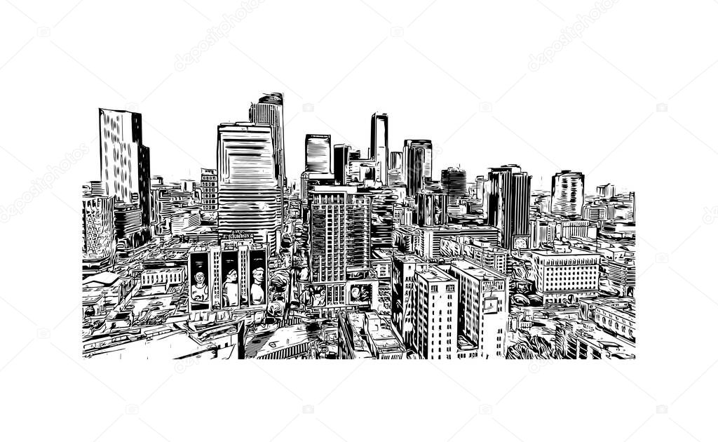 Print Building view with landmark of Los Angeles is the city in California. Hand drawn sketch illustration in vector.
