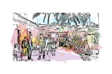 Print Building view with landmark of Cabo San Lucas is the city in Mexico. Watercolor splash with hand drawn sketch illustration in vector.