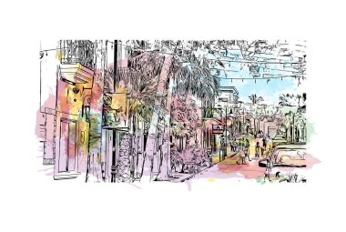 Print Building view with landmark of Cabo San Lucas is the city in Mexico. Watercolor splash with hand drawn sketch illustration in vector.