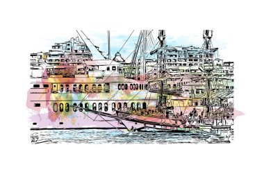 Print Building view with landmark of Cabo San Lucas is the city in Mexico. Watercolor splash with hand drawn sketch illustration in vector.