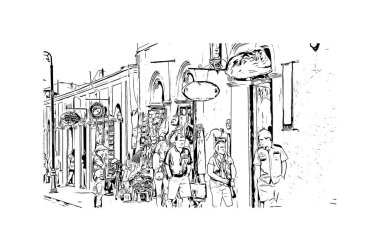 Print Building view with landmark of Cabo San Lucas is the city in Mexico. Hand drawn sketch illustration in vector.