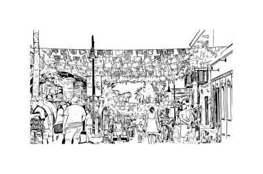 Print Building view with landmark of Cabo San Lucas is the city in Mexico. Hand drawn sketch illustration in vector.