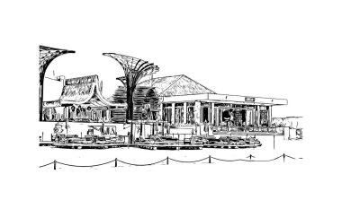 Print Building view with landmark of Cabo San Lucas is the city in Mexico. Hand drawn sketch illustration in vector.