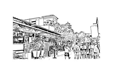 Print Building view with landmark of Cabo San Lucas is the city in Mexico. Hand drawn sketch illustration in vector.