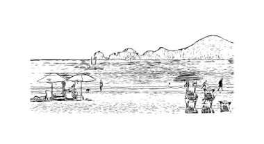 Print Building view with landmark of Cabo San Lucas is the city in Mexico. Hand drawn sketch illustration in vector.