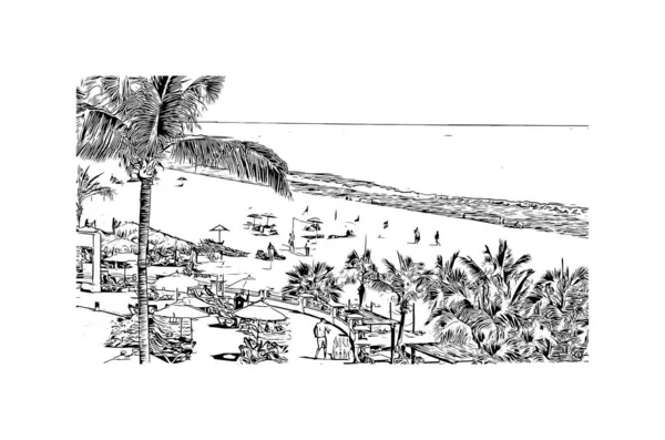 Print Building view with landmark of Cabo San Lucas is the city in Mexico. Hand drawn sketch illustration in vector.