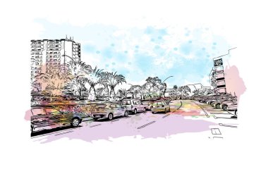 Print  Building view with landmark of Los Cristianos is the town in Spain. Watercolor splash with hand drawn sketch illustration in vector.