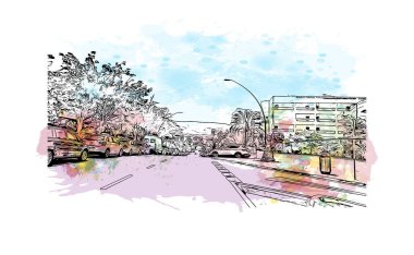 Print  Building view with landmark of Los Cristianos is the town in Spain. Watercolor splash with hand drawn sketch illustration in vector.