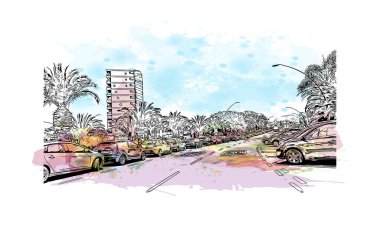 Print  Building view with landmark of Los Cristianos is the town in Spain. Watercolor splash with hand drawn sketch illustration in vector.