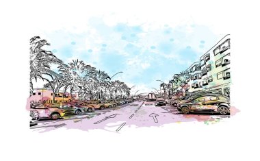 Print  Building view with landmark of Los Cristianos is the town in Spain. Watercolor splash with hand drawn sketch illustration in vector.