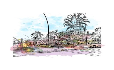 Print  Building view with landmark of Los Cristianos is the town in Spain. Watercolor splash with hand drawn sketch illustration in vector.