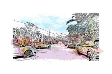 Print  Building view with landmark of Los Cristianos is the town in Spain. Watercolor splash with hand drawn sketch illustration in vector.