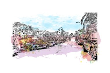 Print Building view with landmark of Los Cristianos is the town in Spain. Watercolor splash with hand drawn sketch illustration in vector.