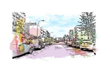 Print Building view with landmark of Los Cristianos is the town in Spain. Watercolor splash with hand drawn sketch illustration in vector.