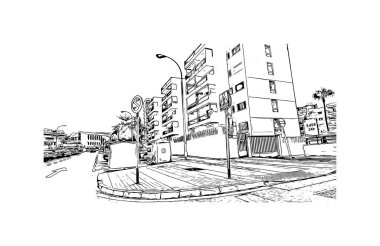 Print Building view with landmark of Los Cristianos is the town in Spain. Hand drawn sketch illustration in vector.