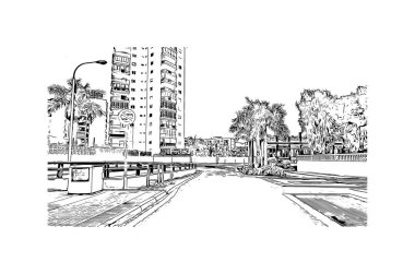 Print Building view with landmark of Los Cristianos is the town in Spain. Hand drawn sketch illustration in vector.