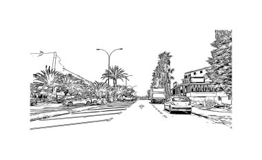 Print Building view with landmark of Los Cristianos is the town in Spain. Hand drawn sketch illustration in vector.