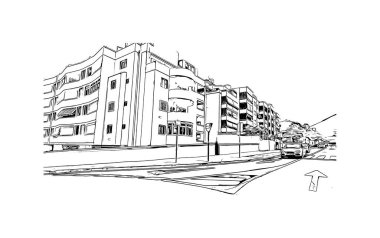Print Building view with landmark of Los Cristianos is the town in Spain. Hand drawn sketch illustration in vector.