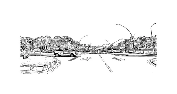 Print Building View Landmark Los Cristianos Town Spain Hand Drawn — Stock vektor