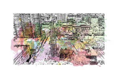 Print Building view with landmark of Louisville is the city in Kentucky. Watercolor splash with hand drawn sketch illustration in vector.