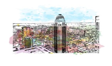 Print Building view with landmark of Louisville is the city in Kentucky. Watercolor splash with hand drawn sketch illustration in vector.