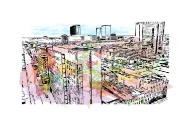 Print Building view with landmark of Louisville is the city in Kentucky. Watercolor splash with hand drawn sketch illustration in vector.