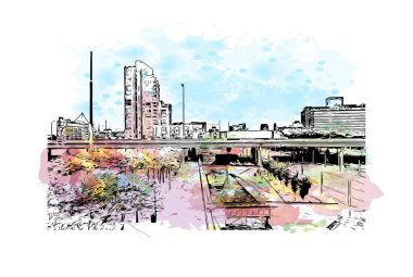 Print Building view with landmark of Louisville is the city in Kentucky. Watercolor splash with hand drawn sketch illustration in vector.