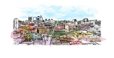 Louisville 'in simgesi olan Print Building View Kentucky' de bulunmaktadır. Vektörde elle çizilmiş resim ile suluboya sıçraması.
