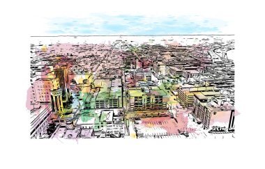 Print Building view with landmark of Louisville is the city in Kentucky. Watercolor splash with hand drawn sketch illustration in vector.