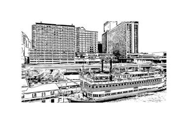 Louisville 'in simgesi olan Print Building View Kentucky' de bulunmaktadır. Vektörde elle çizilmiş çizim çizimi.
