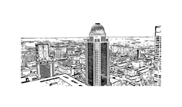 Print Building View Landmark Louisville City Kentucky Hand Drawn Sketch — Stok Vektör