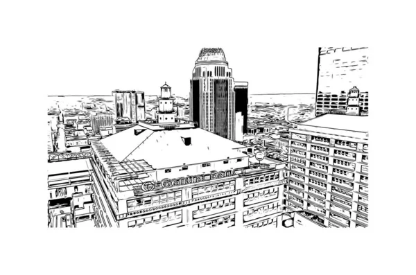 Print Building View Landmark Louisville City Kentucky Hand Drawn Sketch — Stock vektor