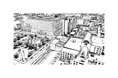 Louisville 'in simgesi olan Print Building View Kentucky' de bulunmaktadır. Vektörde elle çizilmiş çizim çizimi.