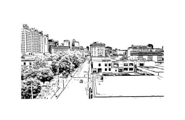 Print Building view with landmark of Louisville is the city in Kentucky. Hand drawn sketch illustration in vector.