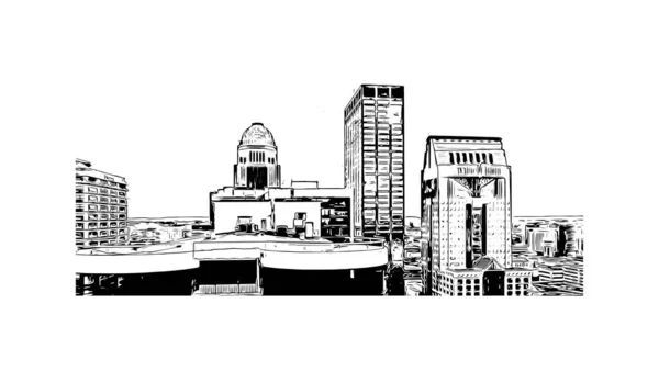 印刷ルイビルのランドマークとビルの景色はケンタッキー州の街です 手描きのスケッチ図ベクトル — ストックベクタ