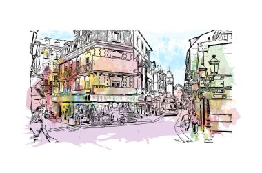 Print Building view with landmark of Lourdes is the town in France. Watercolor splash with hand drawn sketch illustration in vector.