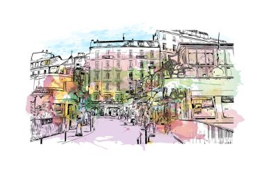 Print Building view with landmark of Lourdes is the town in France. Watercolor splash with hand drawn sketch illustration in vector.